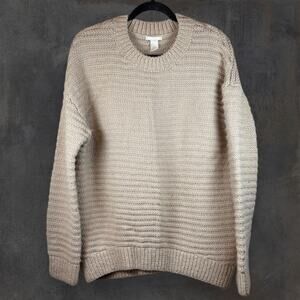 H&M Beige Oversized Chunky Waffle Knit Pullover Sweater Crew Neck Women's L